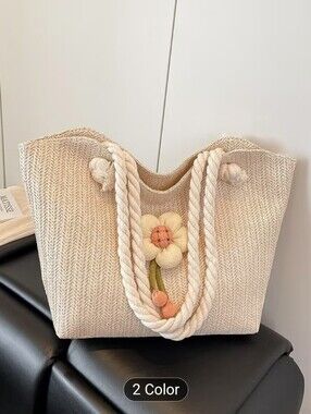Beige Floral Rope-Handle Tote Bag for Women